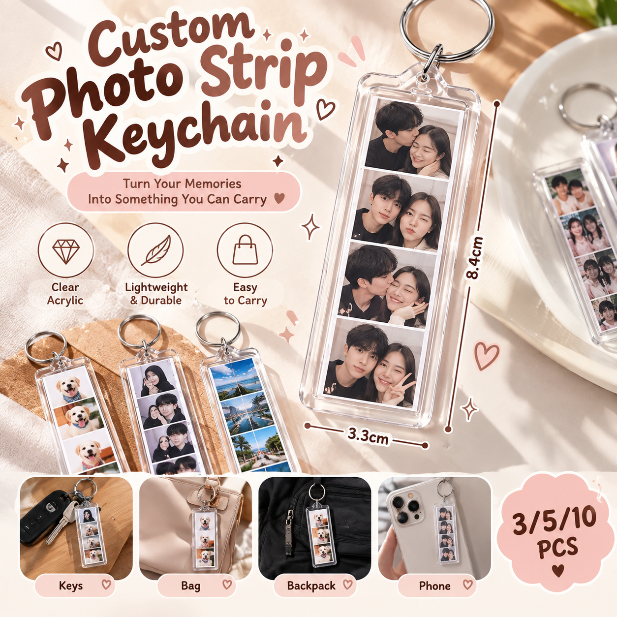 MK001 Custom Photo Strip Acrylic Keychain – 4 Gambar Pilihan Anda 3